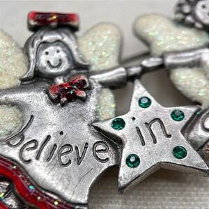 Vintage AJMC Christmas Angel Pin Brooch "Believe in Angels" Glitter‎ Enamel